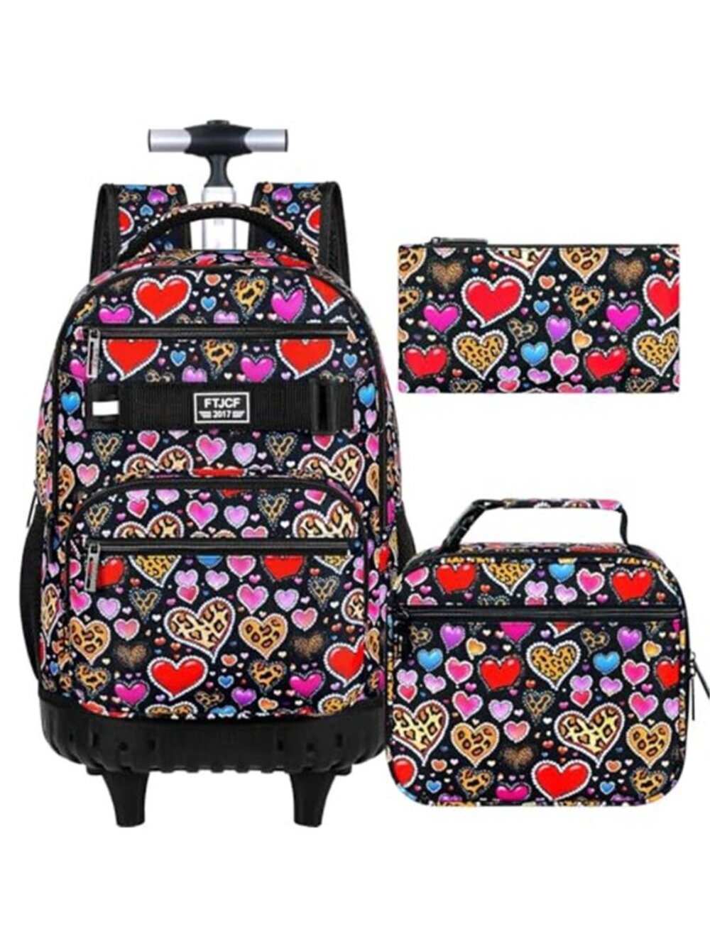 Hearts Print Rolling Backpack Wheels Lunch Box Pencil Bag Girls